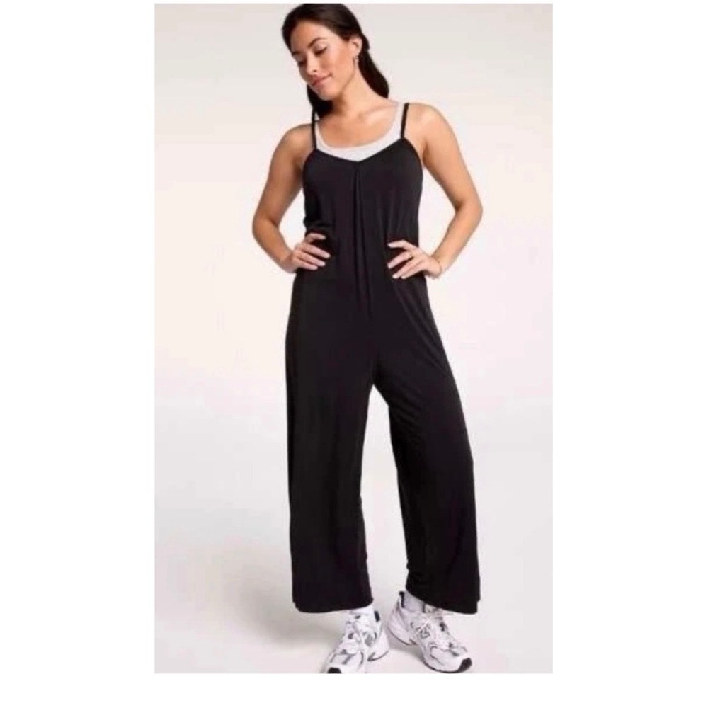 CALIA Sandwash Jumpsuit XS Black Sleeveless Wide Leg Tie Back NWT Soft Lounge